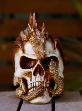 新品创意立体蟠龙骷髅头摆件家居软装树脂工艺品万圣节主题摆设