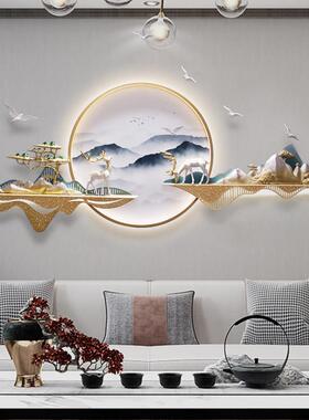 新中式客厅装饰画沙发背景墙挂画墙面装饰3d立体带灯山水床头壁画