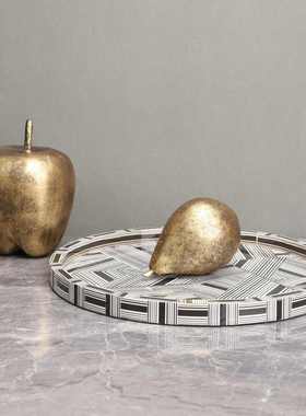 家居极简约黑白条纹托盘样板房客厅组合摆件茶几水果盘工艺品