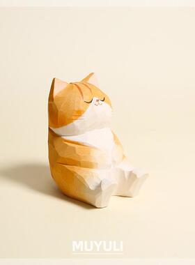 手工木雕橘猫丨猫咪笔架办公室工位电脑桌面摆件创意装饰品治愈