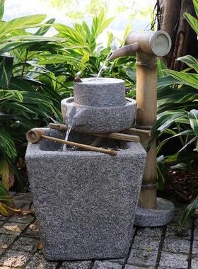 庭院花园大型彷石头 竹子石磨假山流水喷泉景观 户外田园水景摆件