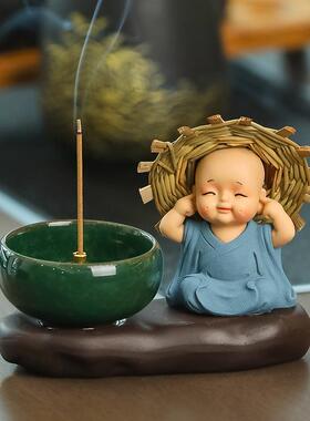 禅意小和尚香插香炉线香底座家用檀香盘托沉香香托香座陶瓷小摆件