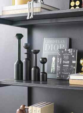 轻奢现代样板间书房书架陈列摆件客厅层架主卧飘窗柜饰品木质烛台