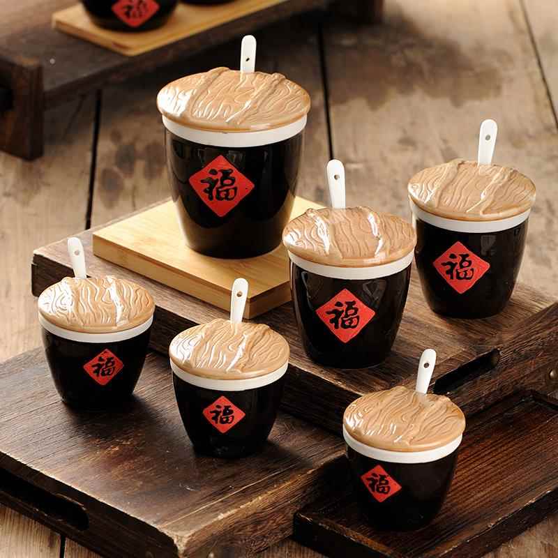 复古福字碗小水缸杯子泡菜坛厨房粗陶瓷调料罐茶酒杯花盆工艺摆件