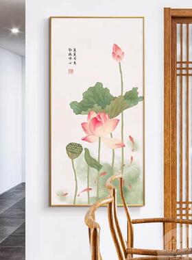 玄关装饰荷花九鱼图新中式客厅挂画 走廊过道水墨艺术画 莲花主题
