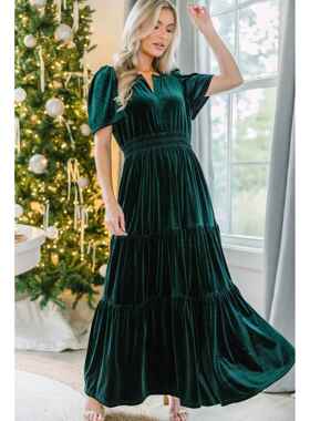 Women's Fashion Velvet Casual Vneck Short Sve Shirred Waist