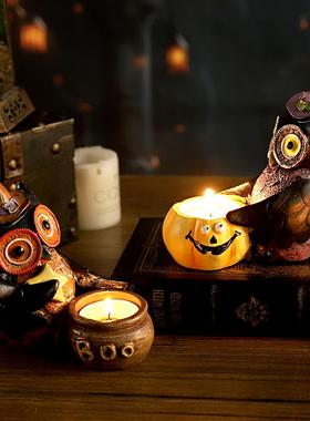 跨境新品万圣节装饰品道具礼物复古哥特式猫头鹰摆件树脂创意烛台