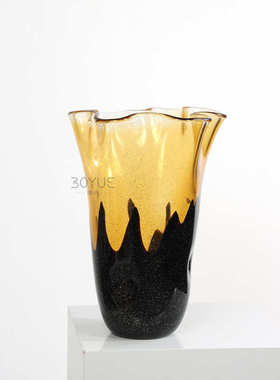 现代简约创意黑色茶色拼接大口径花瓣口手工琉璃花瓶家居软装摆件