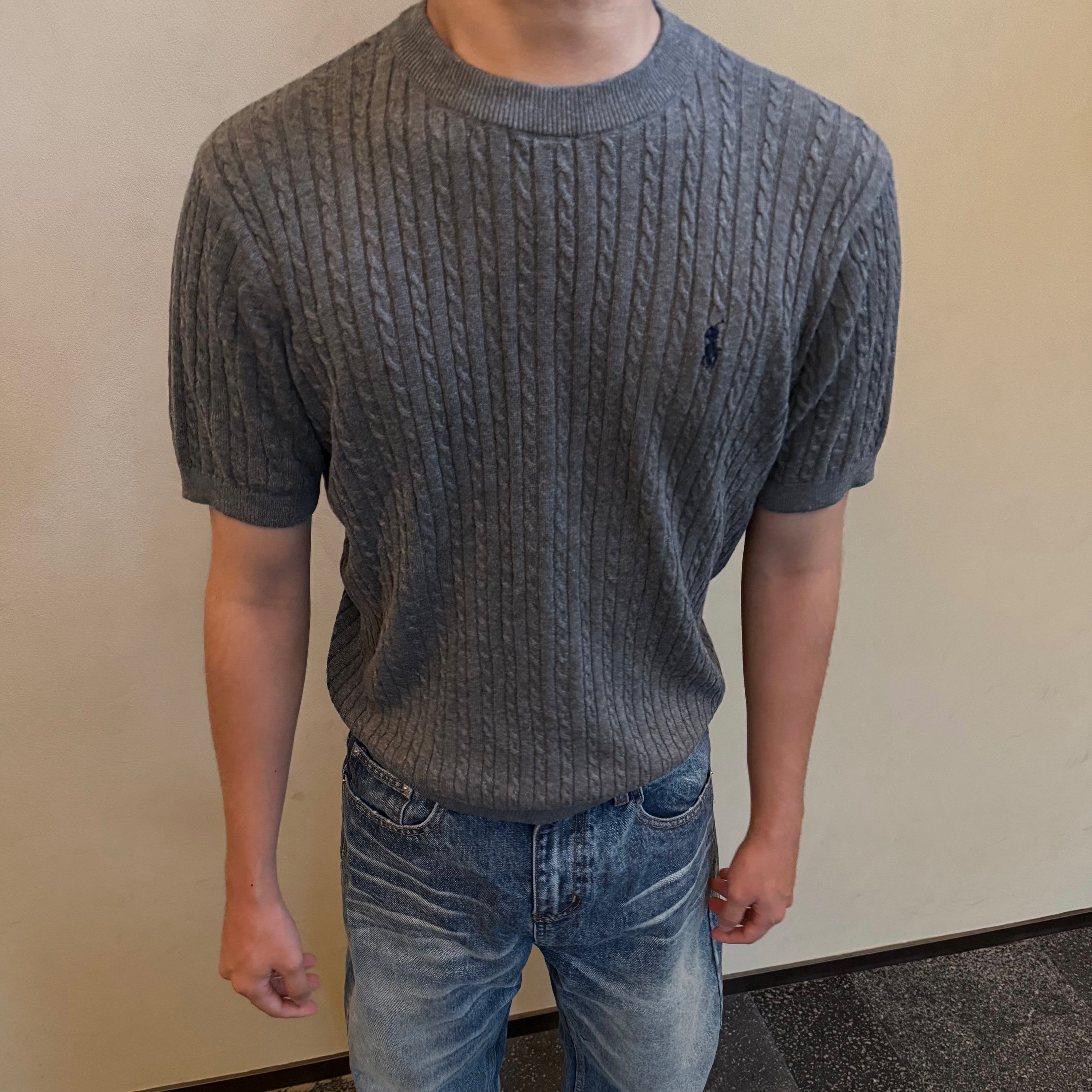 TZG 黑色小马家麻花针织短袖T恤男cleanfit百搭老钱风正肩上衣夏