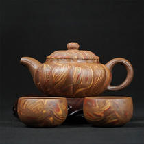 Real Lions Sun Teacher Duan Mud Hang Clay Imitation Wood Grain Fascia Antique Sets A Pot of Two-cup Yixing Purple Sand Pot