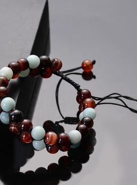 火山熔岩石双排手链七彩天然石瑜珈亚马逊石编织可调节双层手链