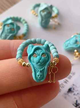 新品天然原矿绿松石法老猫戒指女款18k金配饰指环规格16*12mm左右