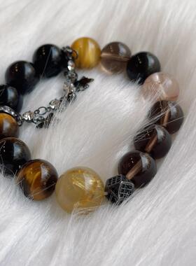 2026天然虎眼石手链大颗粒12mm茶晶手链发晶黑曜石水晶手串个性百
