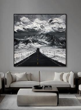 网红抽象画公路原创客纯手绘油黑画玄白灰雪山风景装饰画厅挂关肌