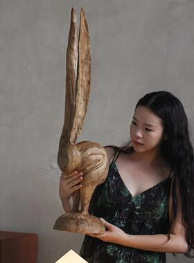 戊际原创长耳兔子艺术雕塑中古别墅实木雕刻客厅艺术软装饰品摆件