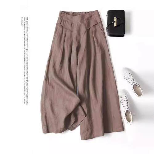 Womens Cotton Linen Culottes Pants Elastic Waist Wide Leg - 图1
