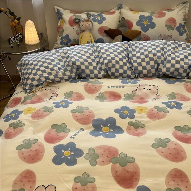 Retro small blue quilt cover four-piece set wash cotton single double bedding dormitory student bed sheet three-piece set