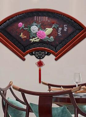中餐厅扇形装饰画3D立体浮雕画客厅沙发背景墙装饰挂画玉雕画
