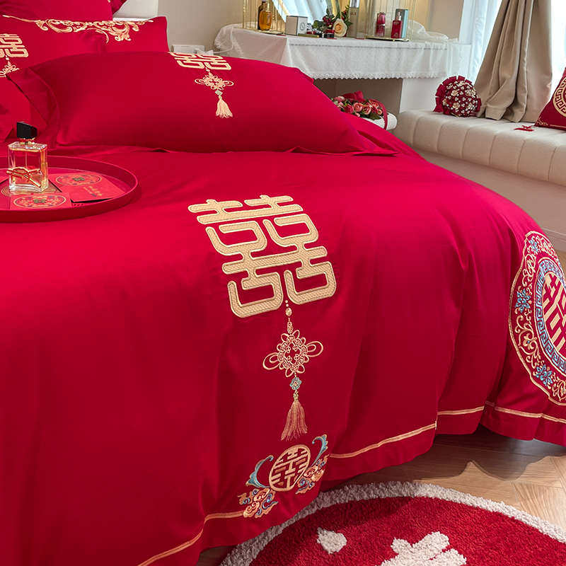 新中式高档大红色婚庆四件套纯棉全棉被套喜字结婚用陪嫁床上用品,淘宝优惠券,粉丝福利购,淘宝优惠卷