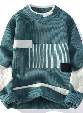 Men's Mock Neck Knitted Sweater Fashion Patchwork Knitting
