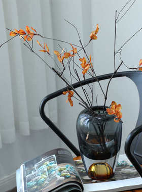 简约美式双色厚底手工吹制玻璃花瓶摆件样板房软装家居装饰花瓶