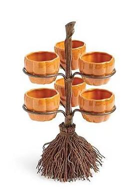 万圣节扫帚南瓜杯盏分离器果盘装饰品摆件树脂南瓜杯扫帚托盘