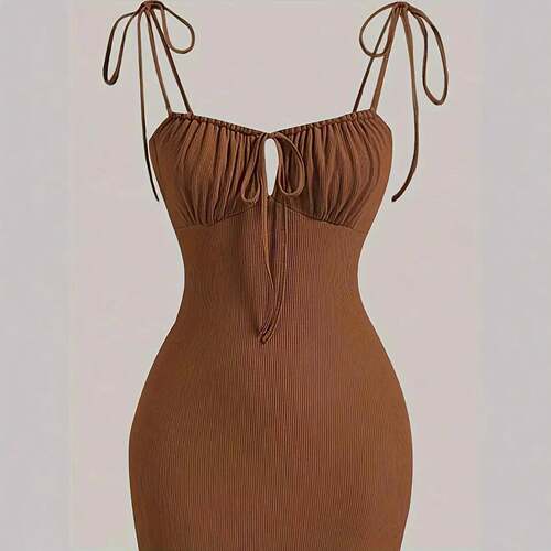 Womens Plain Ruched Tie Front Cami Dress Elegant Sleeveless - 图1