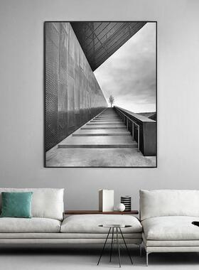 大幅黑白工业风轻奢饰画 画北欧极简空灰间延伸感落地沙挂装画 画