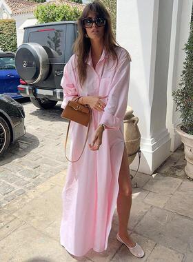 Lazy shirt, long skirt, lapel, slit dress for women