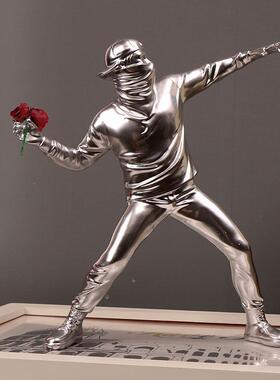 班克西扔花男孩摆件创意轻奢客厅艺术人物雕塑家居装饰品