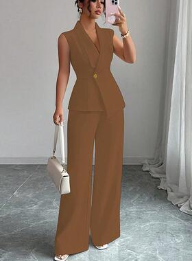 Two-piece Set Women's Solid Color Sveless Tank Top & Wide