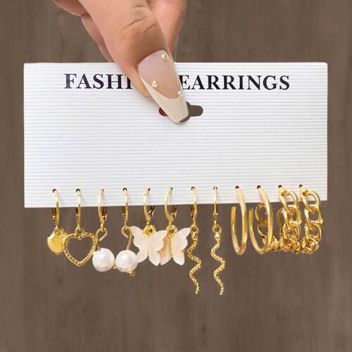 Women Trendy Jewerly Gold Pearl Hoop Earrings Set - 图1