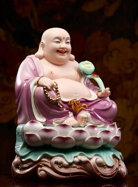 紫衣满彩招财弥勒佛像家用客厅供奉摆件彩绘坐莲大肚笑佛未来佛