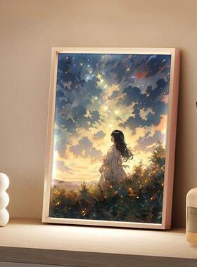 小女孩仰望星空灯光画 画女生风景卧室小夜灯摆件创意浪漫装饰画