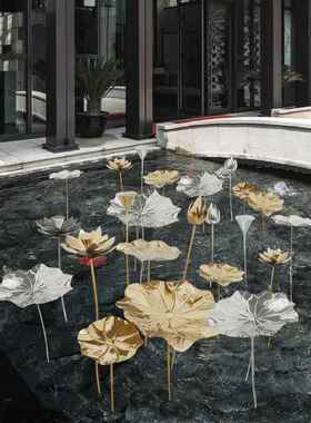 铁艺荷叶落地摆件不锈钢荷花雕塑 户外水池水景摆饰 金属软装饰品