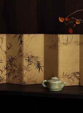 东方美学竹图双面桌面小屏风茶桌屏风茶室背景摆件