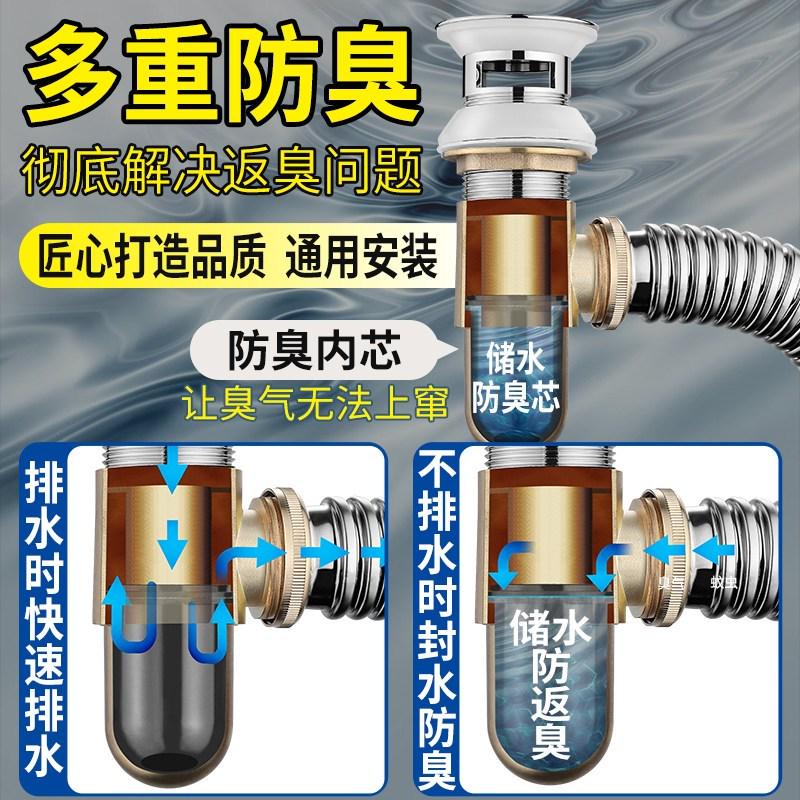 台盆洗脸盆下水器不锈钢侧排面盆横排排水管防臭洗手盆口径套装大 - 图0
