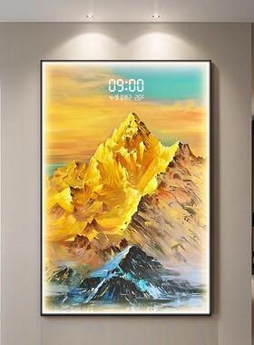 日照金山入户玄关装饰画正对门带灯钟表挂钟客厅挂画时钟挂墙壁画
