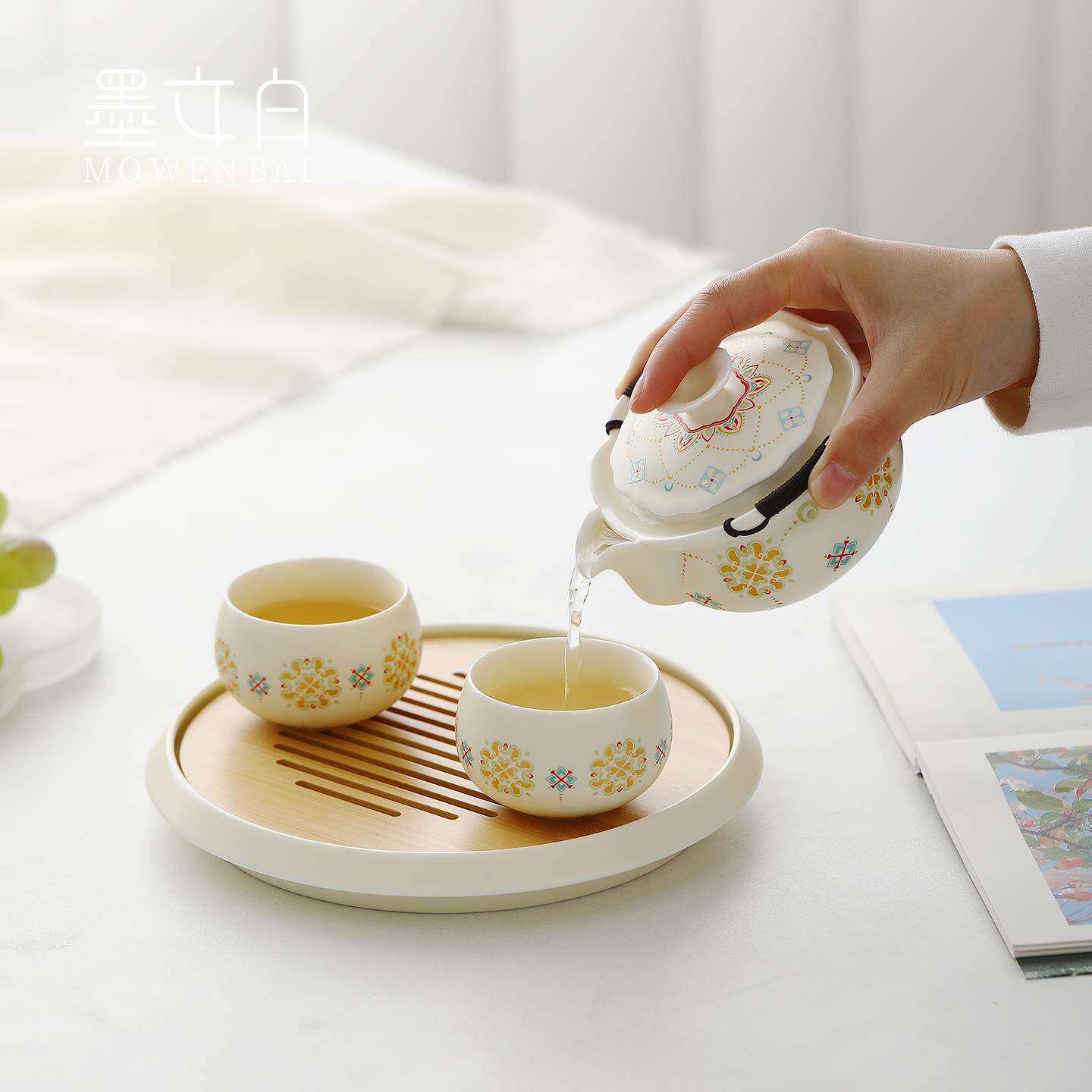 Wenbai Hu Dunhuang Baoxianghua Kuai Ke travel cup teapot hand-held teapot portable travel tea set ink set Dunhuang Bao