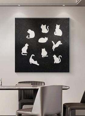 现代简约黑白色猫咪挂画客厅餐厅方形手绘油画玄关丙烯肌理装饰画