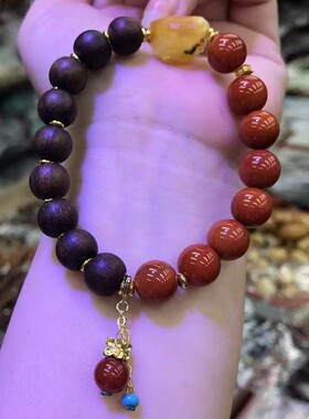 黄奇楠沉香木搭配蜜蜡原石手链新中式南红玛瑙双拼文玩手串女