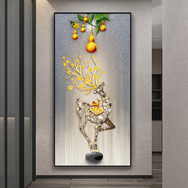 入户走廊过道简约挂画五福招财鹿竖版晶瓷壁画轻奢现代玄关装饰画 - 图2