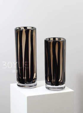 现代简约风黑色棕色条纹琉璃直筒花瓶样板间客厅家居软装饰品摆件