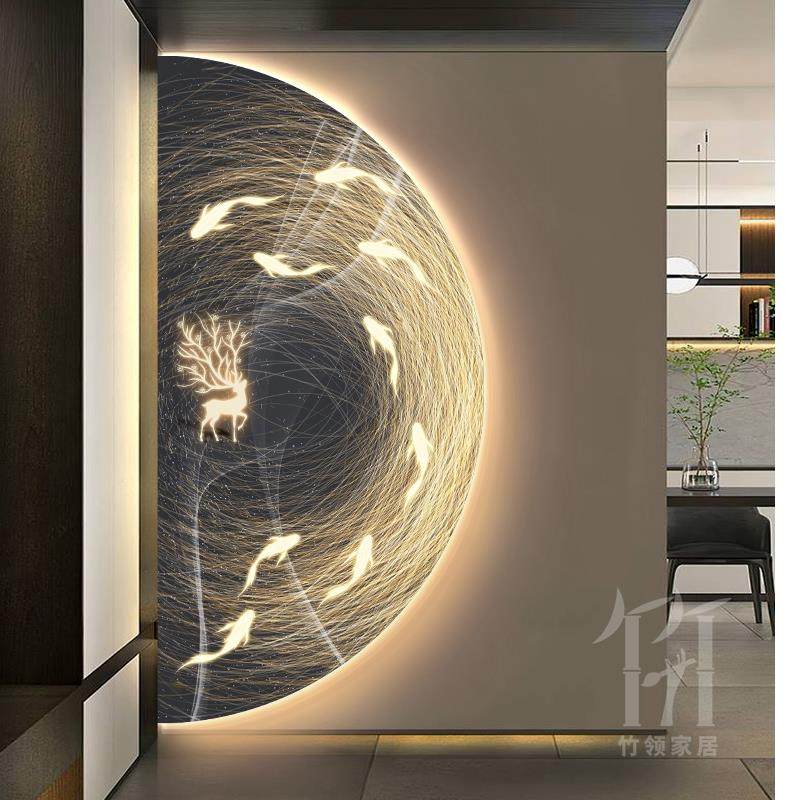 现代轻奢玄关装饰画走廊过道正对门壁画麋鹿九鱼图半圆背景墙挂画,淘宝优惠券,粉丝福利购,淘宝优惠卷