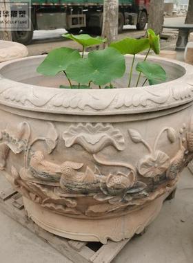 石雕鱼缸花盆天然青石荷花鱼缸庭院别墅户外家用养鱼摆件