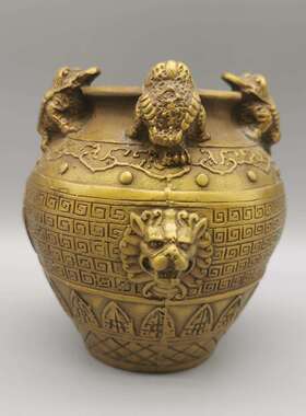 古玩铜器藏收铜包蟾聚宝盆进宝四方来财DHJ金造型精美浆润泽