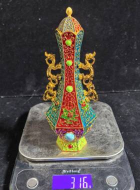 工艺品仿古做旧六角花瓶镶嵌绿松石工艺花瓶大型仿古纯铜摆件