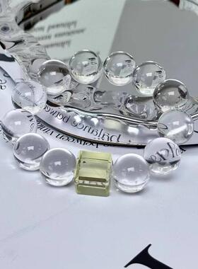 天然双a等级 17mm左右白水晶牛鼻孔配15mm左右黄水晶方糖单圈手串