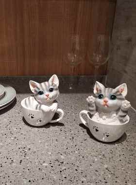 小猫咪摆件创意茶杯猫可爱仿真萌动物模型茶几餐厅桌面树脂装饰品