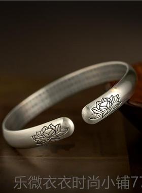 新款999纯银莲花心年经足手镯银古轻款民族复风实心开口刻字送妈